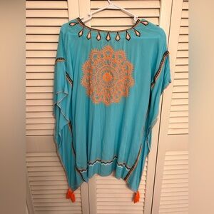 Surf Gypsy Turquoise Tunic with Orange Embroidery